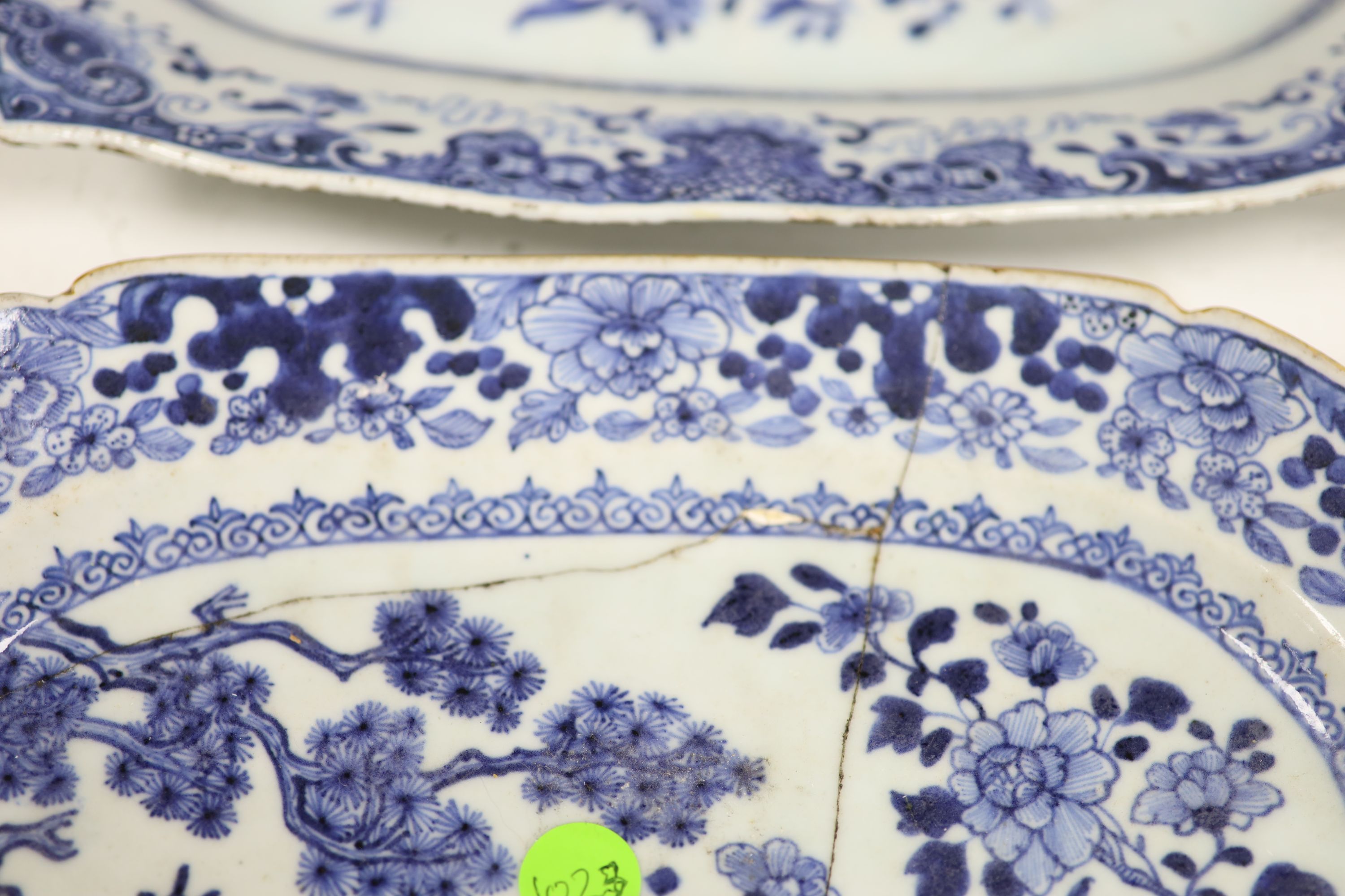 Two 18th century Chinese blue and white meat dishes, length 38.5cm